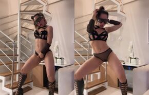 Mulher Melão dançando de lingerie transparente