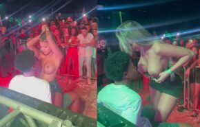 Karlyane Menezes tirou vestido mostrou os peitos em evento provocando rapaz da platéia